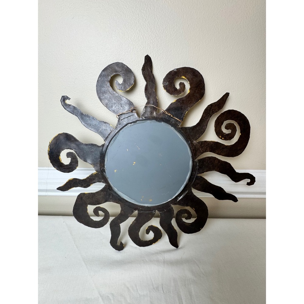 Vintage Brutalist Handmade Celestial Sunburst Wall Mirror Gold Whimsigoth Decor - Picture 3 of 8